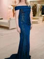Flattering Sheath Off-the-Shoulder Appliques Lace Court Train Silk like Satin Mother of the Bride Dress