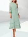 Refined A-line Scoop Cascading Ruffles Tea-Length Chiffon Mother of the Bride Dress