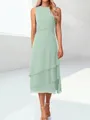 Refined A-line Scoop Cascading Ruffles Tea-Length Chiffon Mother of the Bride Dress