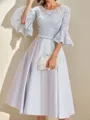 Chic A-line Scoop 3-4 Sleeves Appliques Lace Tea-Length Satin Mother of the Bride Dress
