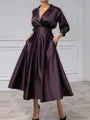 Impeccable A-line V-Neck 3/4 Sleeves Beading Tea-Length Silk Like Satin Mother of the Bride Dress