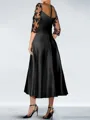 Modest A-line Scoop 3/4 Sleeves Appliques Lace Tea-Length Silk Like Satin Mother of the Bride Dress