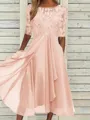 High-Quality Soft Fabric for Wedding Guests Mother of the Bride Dress Tea Length Elegant A-Line Chiffon Gown with Scoop Neck 1/2 Sleeves & Lace Appliques 