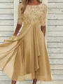 High-Quality Soft Fabric for Wedding Guests Mother of the Bride Dress Tea Length Elegant A-Line Chiffon Gown with Scoop Neck 1/2 Sleeves & Lace Appliques 