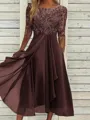 High-Quality Soft Fabric for Wedding Guests Mother of the Bride Dress Tea Length Elegant A-Line Chiffon Gown with Scoop Neck 1/2 Sleeves & Lace Appliques 