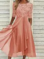 High-Quality Soft Fabric for Wedding Guests Mother of the Bride Dress Tea Length Elegant A-Line Chiffon Gown with Scoop Neck 1/2 Sleeves & Lace Appliques 