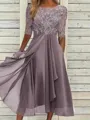 High-Quality Soft Fabric for Wedding Guests Mother of the Bride Dress Tea Length Elegant A-Line Chiffon Gown with Scoop Neck 1/2 Sleeves & Lace Appliques 