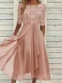 High-Quality Soft Fabric for Wedding Guests Mother of the Bride Dress Tea Length Elegant A-Line Chiffon Gown with Scoop Neck 1/2 Sleeves & Lace Appliques 