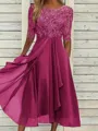 High-Quality Soft Fabric for Wedding Guests Mother of the Bride Dress Tea Length Elegant A-Line Chiffon Gown with Scoop Neck 1/2 Sleeves & Lace Appliques 