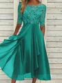 High-Quality Soft Fabric for Wedding Guests Mother of the Bride Dress Tea Length Elegant A-Line Chiffon Gown with Scoop Neck 1/2 Sleeves & Lace Appliques 