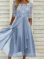 High-Quality Soft Fabric for Wedding Guests Mother of the Bride Dress Tea Length Elegant A-Line Chiffon Gown with Scoop Neck 1/2 Sleeves & Lace Appliques 