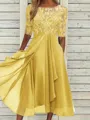High-Quality Soft Fabric for Wedding Guests Mother of the Bride Dress Tea Length Elegant A-Line Chiffon Gown with Scoop Neck 1/2 Sleeves & Lace Appliques 