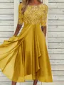 High-Quality Soft Fabric for Wedding Guests Mother of the Bride Dress Tea Length Elegant A-Line Chiffon Gown with Scoop Neck 1/2 Sleeves & Lace Appliques 