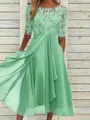 High-Quality Soft Fabric for Wedding Guests Mother of the Bride Dress Tea Length Elegant A-Line Chiffon Gown with Scoop Neck 1/2 Sleeves & Lace Appliques 
