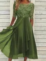 High-Quality Soft Fabric for Wedding Guests Mother of the Bride Dress Tea Length Elegant A-Line Chiffon Gown with Scoop Neck 1/2 Sleeves & Lace Appliques 