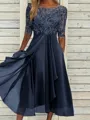 High-Quality Soft Fabric for Wedding Guests Mother of the Bride Dress Tea Length Elegant A-Line Chiffon Gown with Scoop Neck 1/2 Sleeves & Lace Appliques 