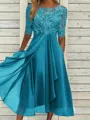 High-Quality Soft Fabric for Wedding Guests Mother of the Bride Dress Tea Length Elegant A-Line Chiffon Gown with Scoop Neck 1/2 Sleeves & Lace Appliques 