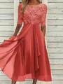 High-Quality Soft Fabric for Wedding Guests Mother of the Bride Dress Tea Length Elegant A-Line Chiffon Gown with Scoop Neck 1/2 Sleeves & Lace Appliques 