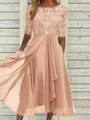 High-Quality Soft Fabric for Wedding Guests Mother of the Bride Dress Tea Length Elegant A-Line Chiffon Gown with Scoop Neck 1/2 Sleeves & Lace Appliques 