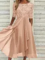 High-Quality Soft Fabric for Wedding Guests Mother of the Bride Dress Tea Length Elegant A-Line Chiffon Gown with Scoop Neck 1/2 Sleeves & Lace Appliques 