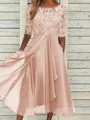 High-Quality Soft Fabric for Wedding Guests Mother of the Bride Dress Tea Length Elegant A-Line Chiffon Gown with Scoop Neck 1/2 Sleeves & Lace Appliques 