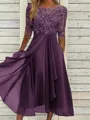 High-Quality Soft Fabric for Wedding Guests Mother of the Bride Dress Tea Length Elegant A-Line Chiffon Gown with Scoop Neck 1/2 Sleeves & Lace Appliques 