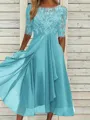 High-Quality Soft Fabric for Wedding Guests Mother of the Bride Dress Tea Length Elegant A-Line Chiffon Gown with Scoop Neck 1/2 Sleeves & Lace Appliques 