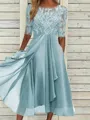 High-Quality Soft Fabric for Wedding Guests Mother of the Bride Dress Tea Length Elegant A-Line Chiffon Gown with Scoop Neck 1/2 Sleeves & Lace Appliques 