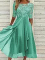 High-Quality Soft Fabric for Wedding Guests Mother of the Bride Dress Tea Length Elegant A-Line Chiffon Gown with Scoop Neck 1/2 Sleeves & Lace Appliques 