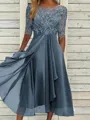 High-Quality Soft Fabric for Wedding Guests Mother of the Bride Dress Tea Length Elegant A-Line Chiffon Gown with Scoop Neck 1/2 Sleeves & Lace Appliques 