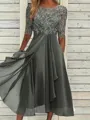 High-Quality Soft Fabric for Wedding Guests Mother of the Bride Dress Tea Length Elegant A-Line Chiffon Gown with Scoop Neck 1/2 Sleeves & Lace Appliques 