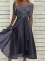 High-Quality Soft Fabric for Wedding Guests Mother of the Bride Dress Tea Length Elegant A-Line Chiffon Gown with Scoop Neck 1/2 Sleeves & Lace Appliques 