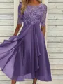 High-Quality Soft Fabric for Wedding Guests Mother of the Bride Dress Tea Length Elegant A-Line Chiffon Gown with Scoop Neck 1/2 Sleeves & Lace Appliques 