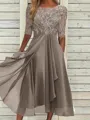 High-Quality Soft Fabric for Wedding Guests Mother of the Bride Dress Tea Length Elegant A-Line Chiffon Gown with Scoop Neck 1/2 Sleeves & Lace Appliques 