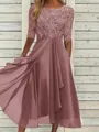 High-Quality Soft Fabric for Wedding Guests Mother of the Bride Dress Tea Length Elegant A-Line Chiffon Gown with Scoop Neck 1/2 Sleeves & Lace Appliques 