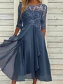 High-Quality Soft Fabric For Wedding Guests Mother Of The Bride Dress Tea Length Elegant A-Line Chiffon Gown With Scoop Neck 3/4 Sleeves & Lace Appliques