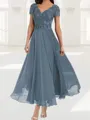 Delicate A-line V-Neck Short Sleeves Appliques Lace Ankle-Length Chiffon Corset Mother of the Bride Dress