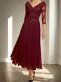 Show-stopping A-line V-Neck 3/4 Sleeves Appliques Lace Tea-Length Chiffon Corset Mother of the Bride Dress