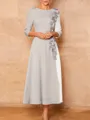 Graceful A-Line Scoop 3/4 Sleeves Appliques Lace Tea-Length Stretch Crepe Corset Mother of the Bride Dress