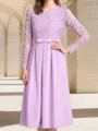 Timeless A-Line Scoop Long Sleeves Ruffles Tea-Length Stretch Crepe Mother of the Bride Dress