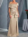 Modest Sheath Off-The-Shoulder Pleated Floor-Length Silk Like Satin Mother of the Bride Dress