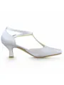 Women's White Satin Closed Toe Chunky Heel With Buckle High Heels