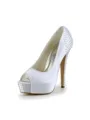 Women's Satin Stiletto Heel Peep Toe Platform White Wedding Shoes With Rhinestone