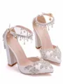 Women's PU Closed Toe With Flower Chunky Heel High Heels