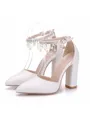 Women's PU Closed Toe With Pearl Chunky Heel High Heels