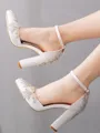Women's Leatherette With Rhinestone Closed Toe Chunky Heel Wedding Shoes