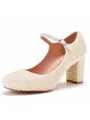 Women's Leatherette With Pearl Closed Toe Chunky Heel Wedding Shoes