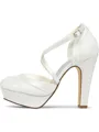 Women's Satin Closed Toe With Lace Chunky Heel Wedding Shoes