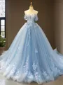 Cute Ball-Gown Princess Off-the-Shoulder Sleeveless Chapel Train Tulle Prom Dress With Applique