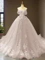 Cute Ball-Gown Princess Off-the-Shoulder Sleeveless Chapel Train Tulle Prom Dress With Applique